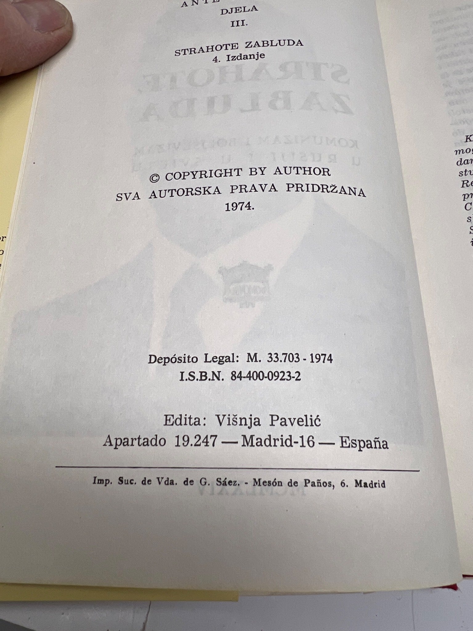 First edition Strahote Zabluda by Ante Pavelic 1974 book