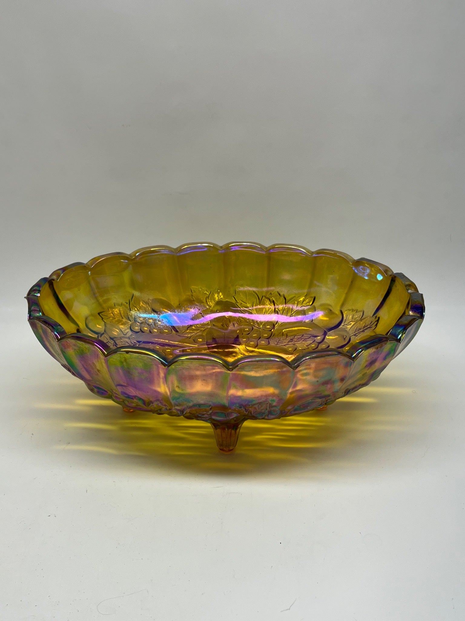 Large 12" Vintage Marigold Carnival Glass Footed Bowl – Grape & Floral Motif