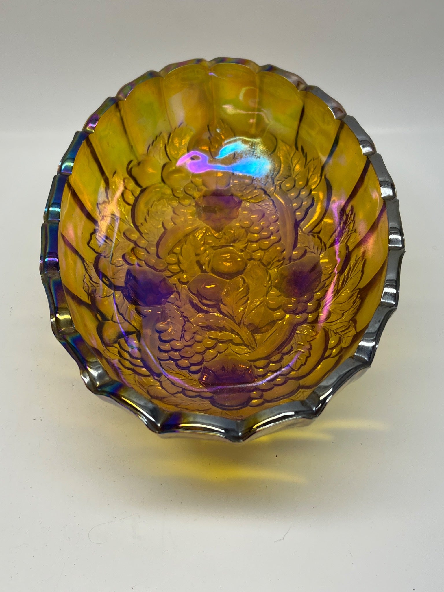 Large 12" Vintage Marigold Carnival Glass Footed Bowl – Grape & Floral Motif
