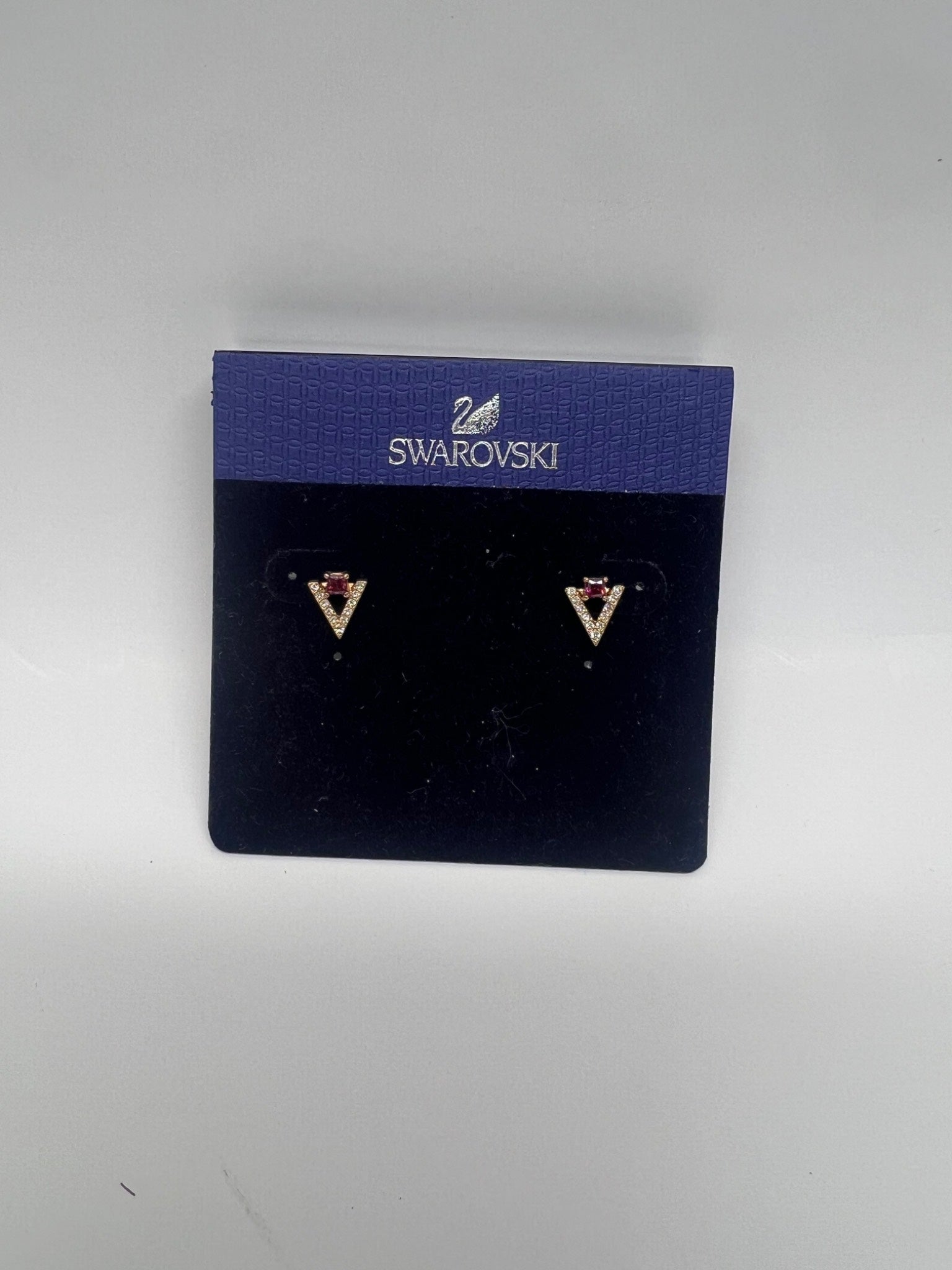 Title: Authentic Swarovski Crystal Triangular Stud Earrings – Pink & Clear