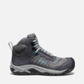 Gray hiking boot with KEEN logo on a white background