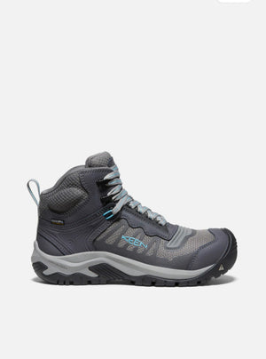 Gray hiking boot with KEEN logo on a white background