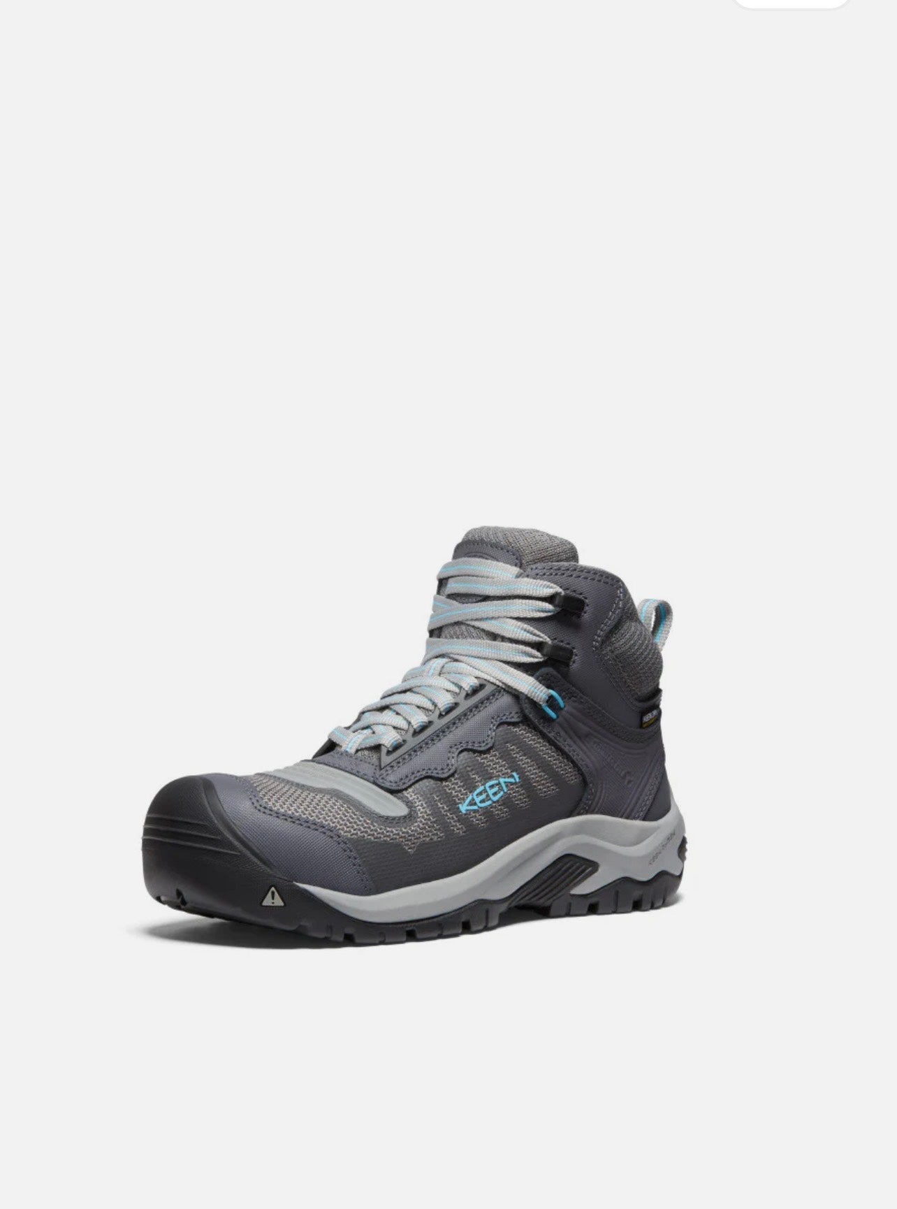 Gray hiking boot with KEEN logo on a white background