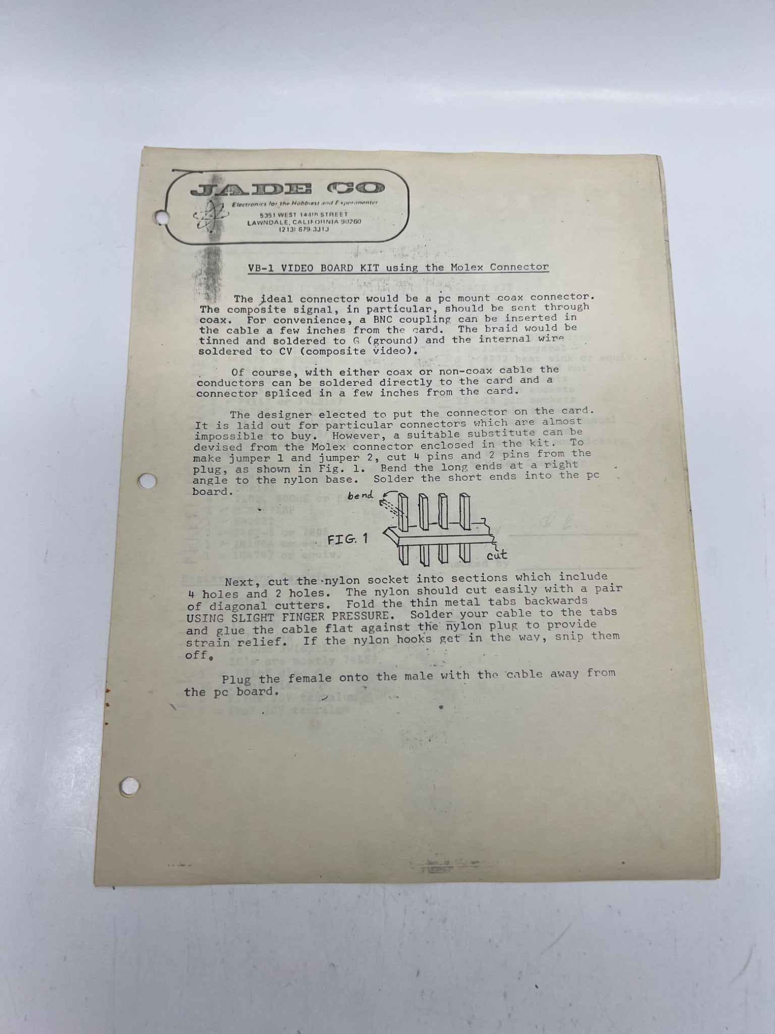 Rare Jade Computer Products VB-1 Video Board Assembly Sheet