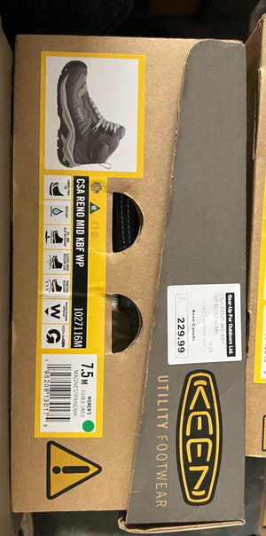 Box of Keen utility footwear with labels and branding visible