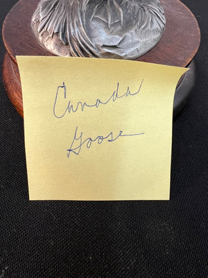 Gold card with 'Canada Goose' writing on a dark background