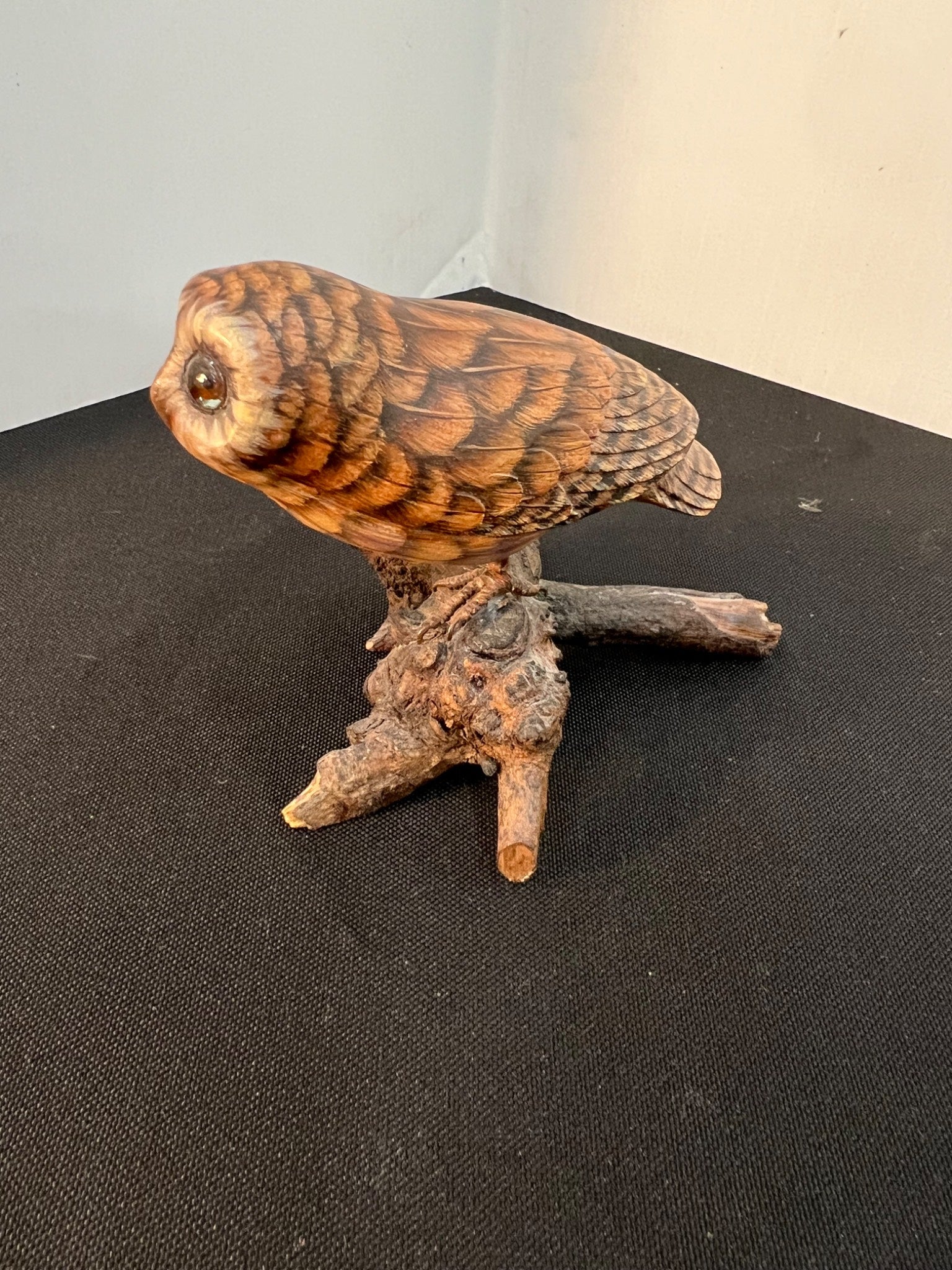 Vintage Hand Carved Wood Owl Figurine Natural Wood Base Hand Painted
