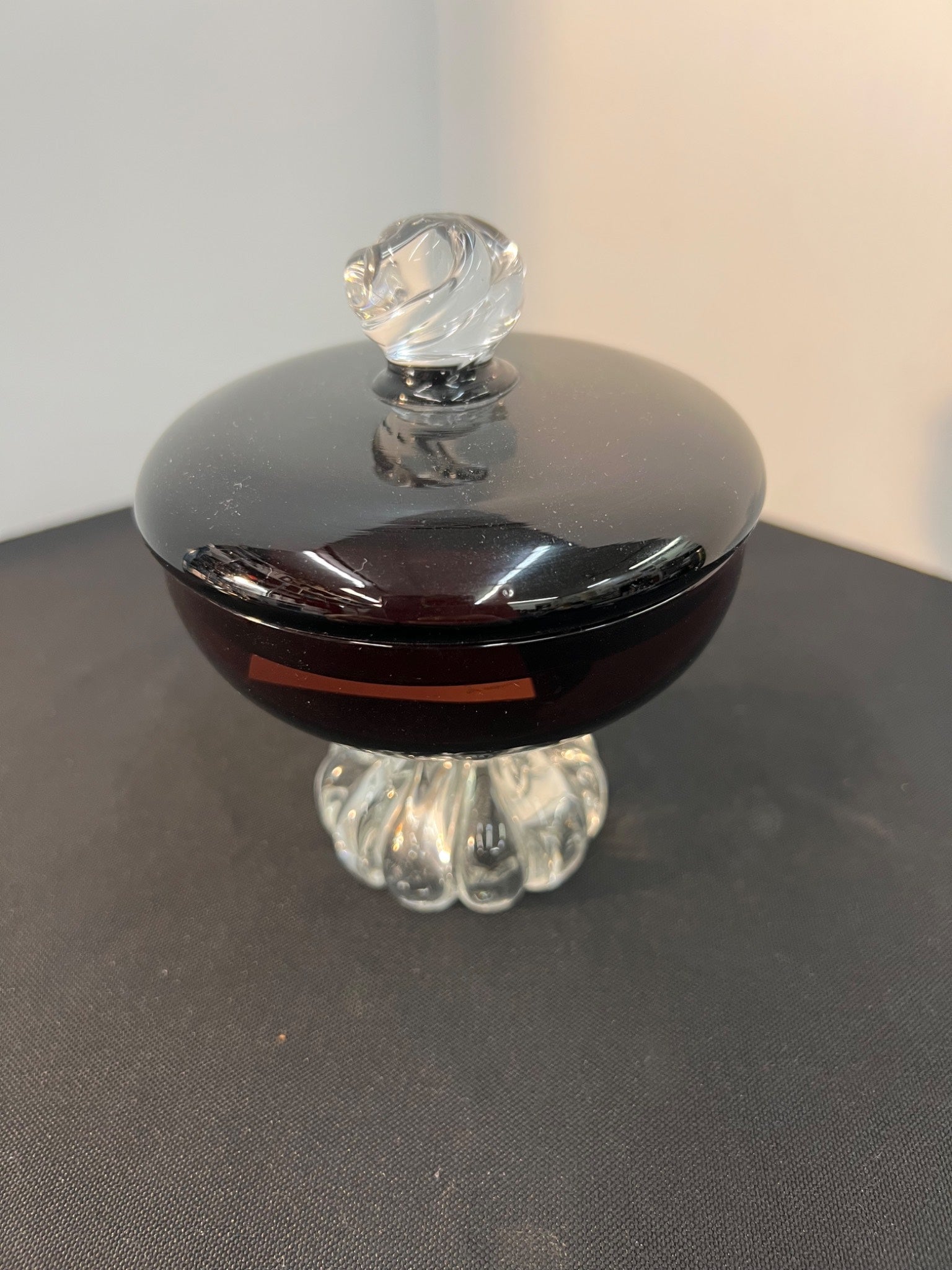 Vintage Amethyst Deep Purple Glass Candy Dish with Clear Swirl Finial -