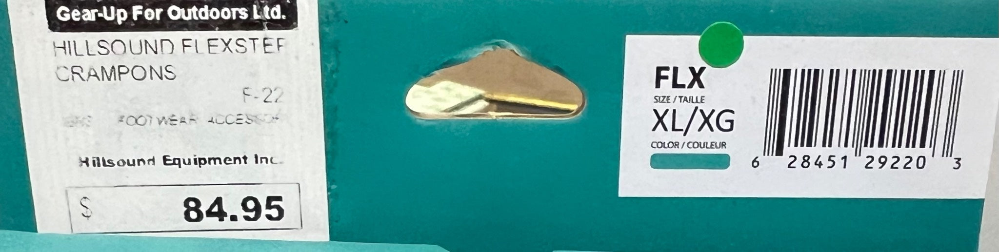 Gold crimp on a teal box with branding and product details.