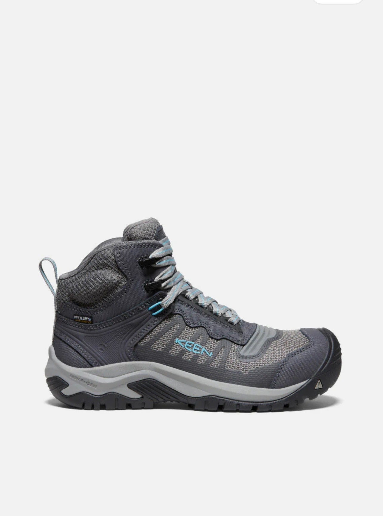 Gray hiking boot with KEEN logo on a white background