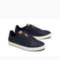 Pair of navy blue sneakers with white soles on a white background