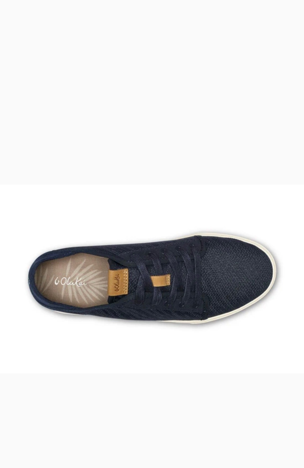 Navy blue sneaker with a visible brand logo on a white background