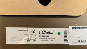 OluKai shoe box with size label and price tag.