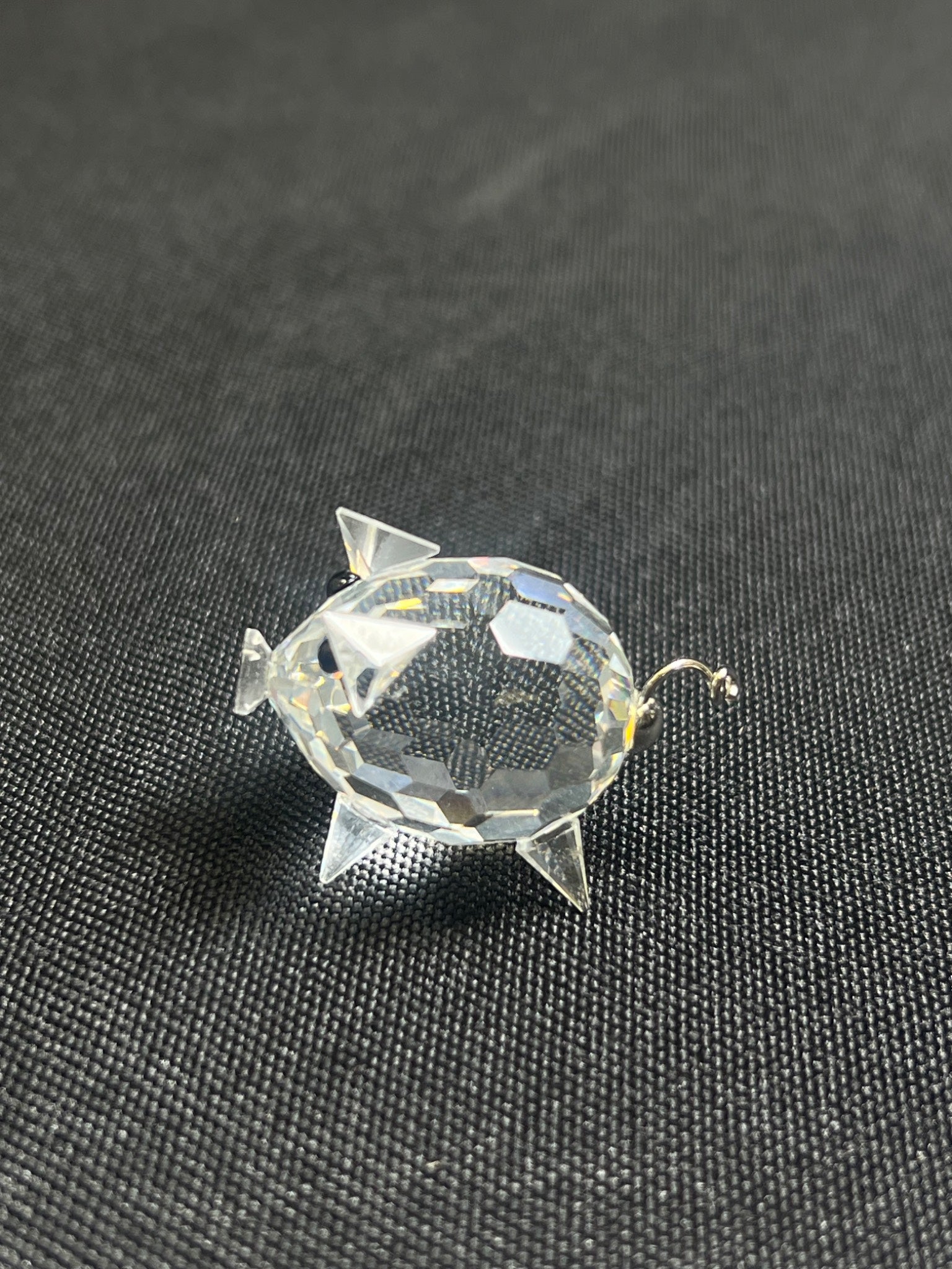 Clear crystal fish-shaped object on a black textured background