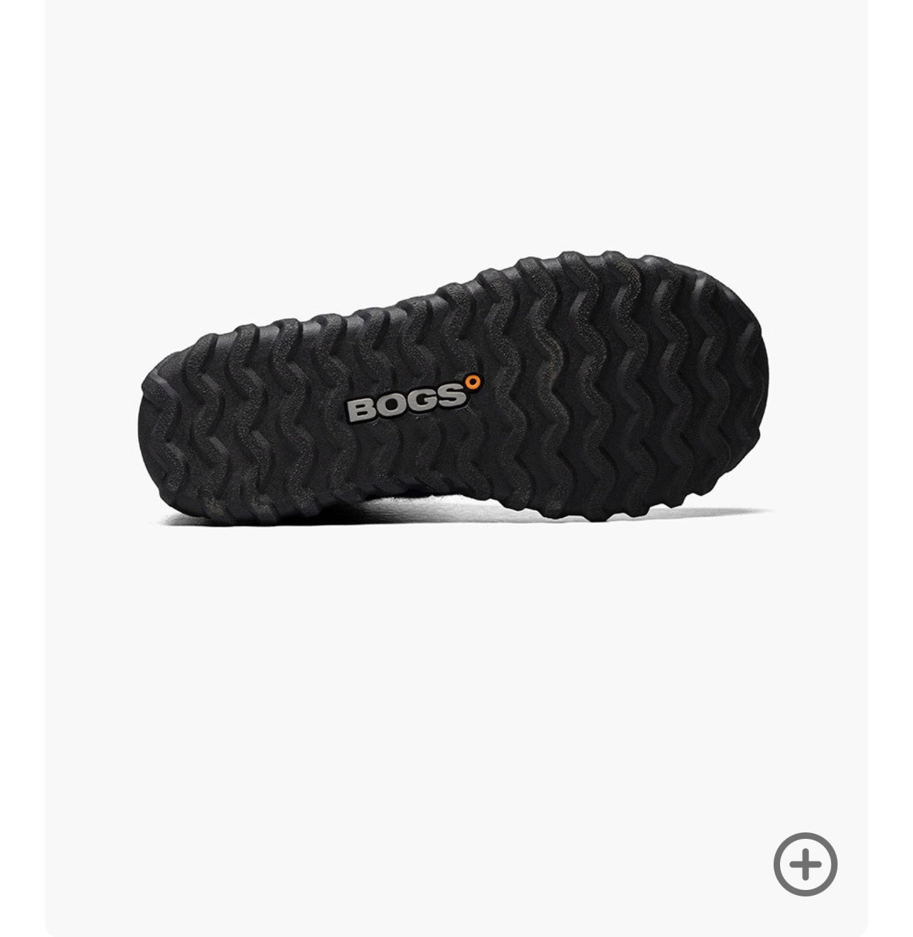 Black shoe sole with 'BOGS' branding on a white background