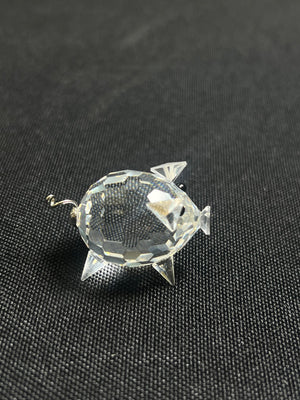 Clear plastic fish-shaped object on a black textured background