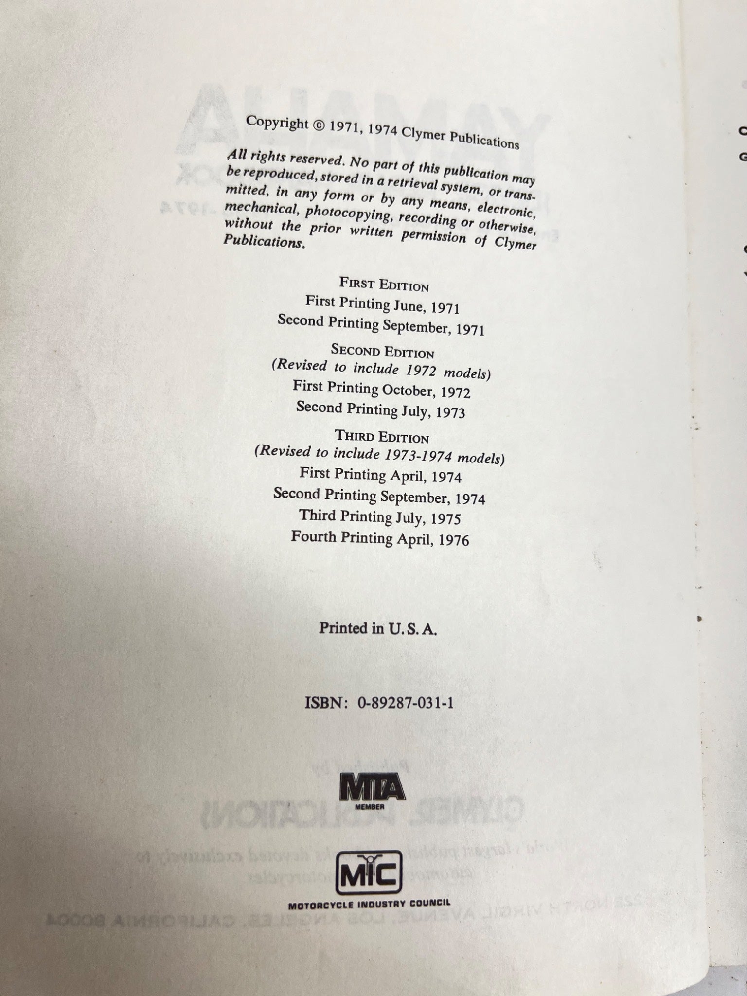 Clymer Yamaha Service Repair Handbook 1971