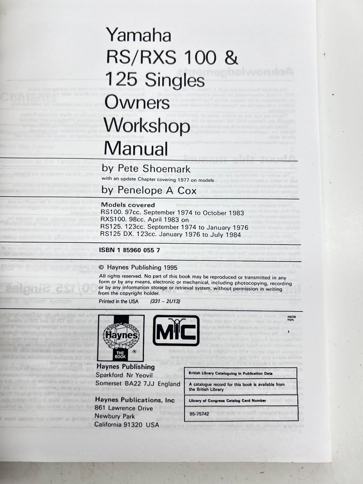 Yamaha RS/RXS100 & 125 Singles Haynes Manual 1974 to 1995