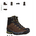 Brown hiking boot with black and yellow accents on a white background