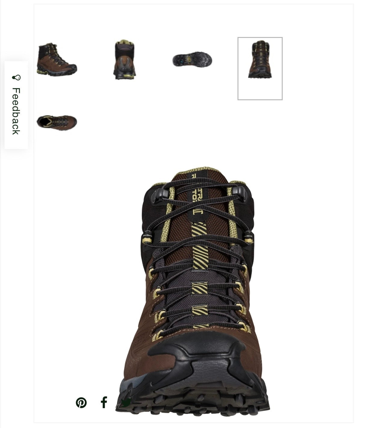 Brown hiking boot with black sole on a white background
