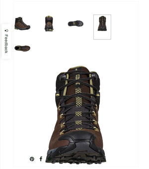 Brown hiking boot with black sole on a white background