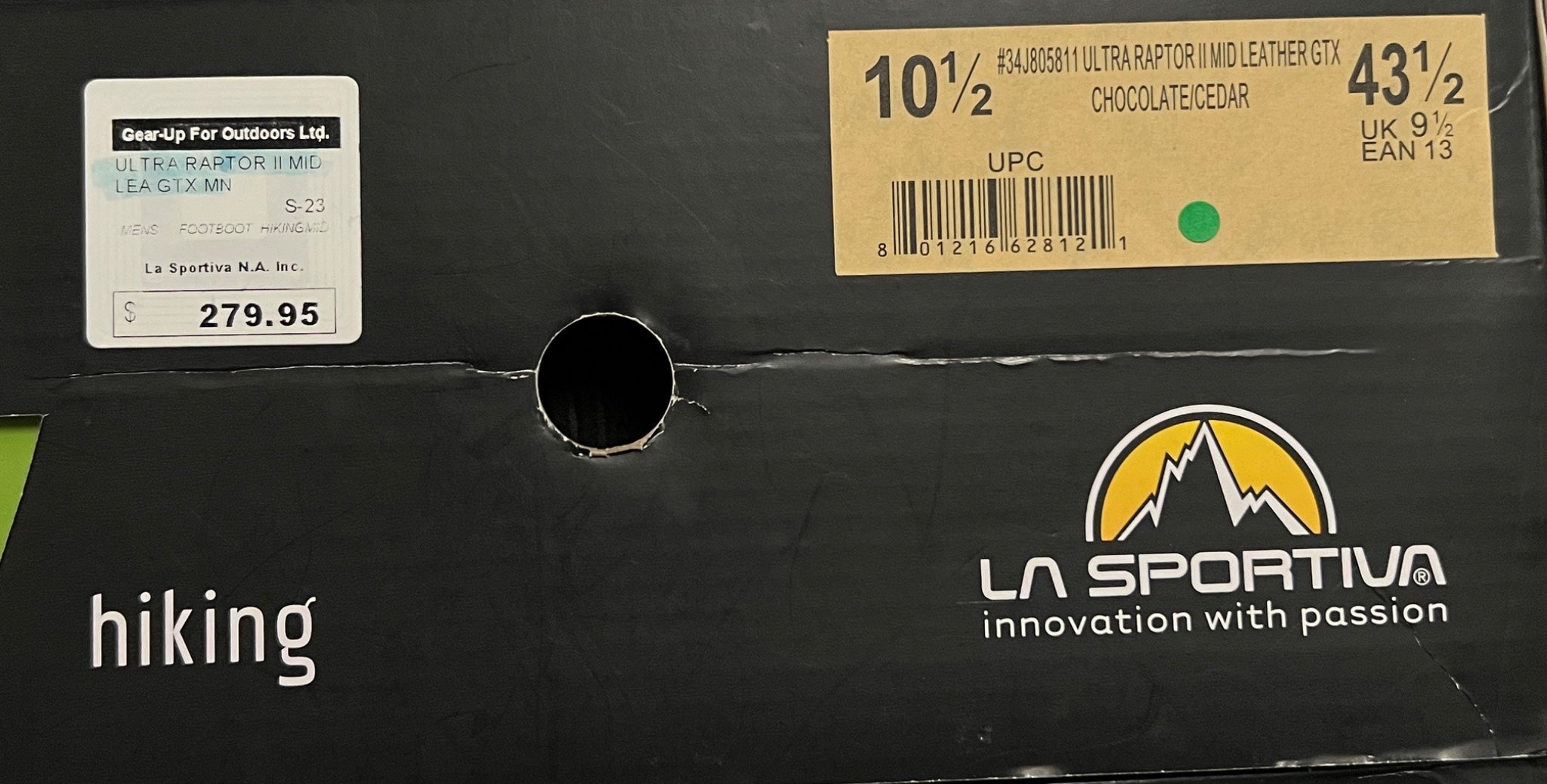 Black shoe box with La Sportiva logo and hiking label on a black background