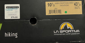 Black shoe box with La Sportiva logo and hiking label on a black background