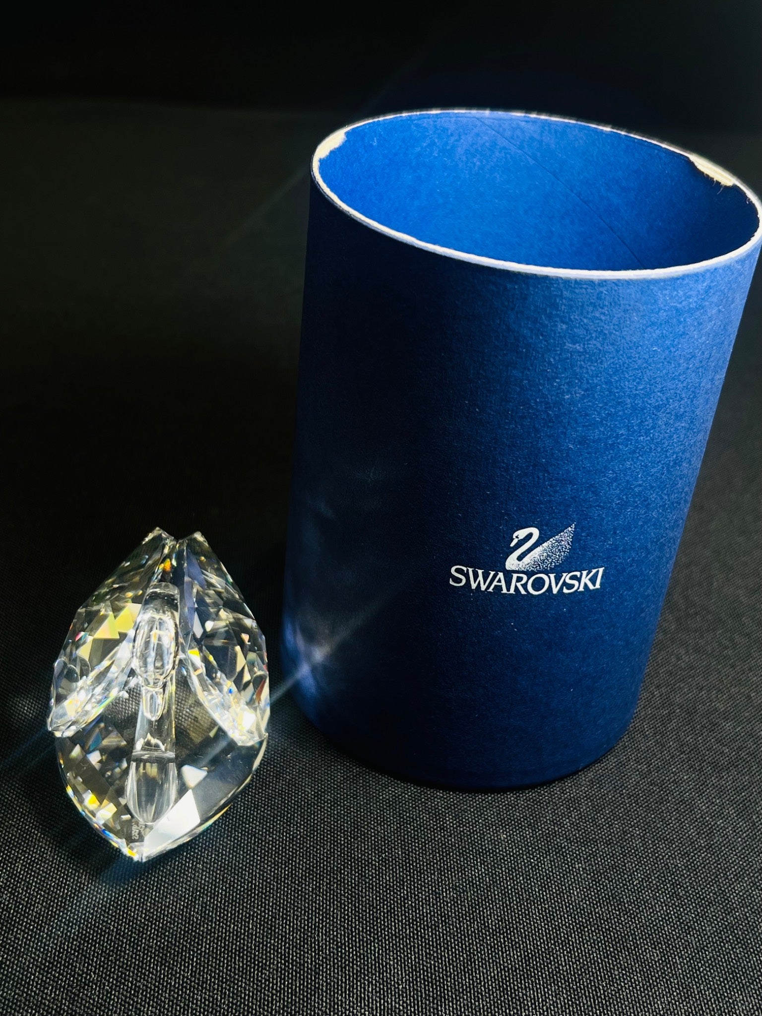 Swarovski crystal next to a blue Swarovski branded box on a black background