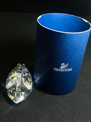 Swarovski crystal next to a blue Swarovski branded box on a black background