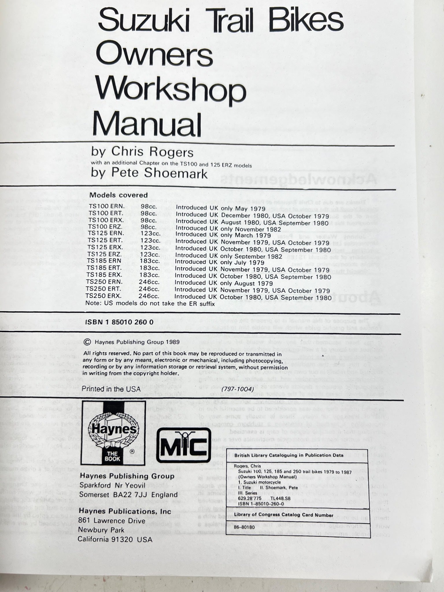 Suzuki Trail Bikes Workshop Manual 1979 to 1989