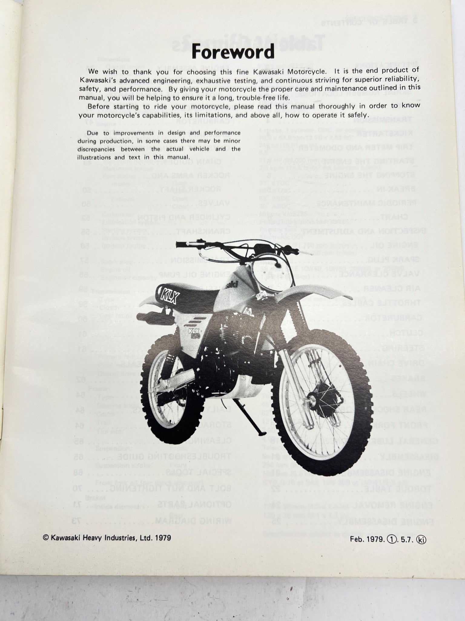 Kawasaki KLX250 Motorcycle Manual 1979
