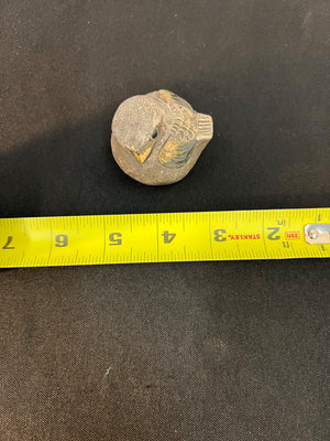 Small stone sculpture of a bird with a measuring tape for scale on a dark surface