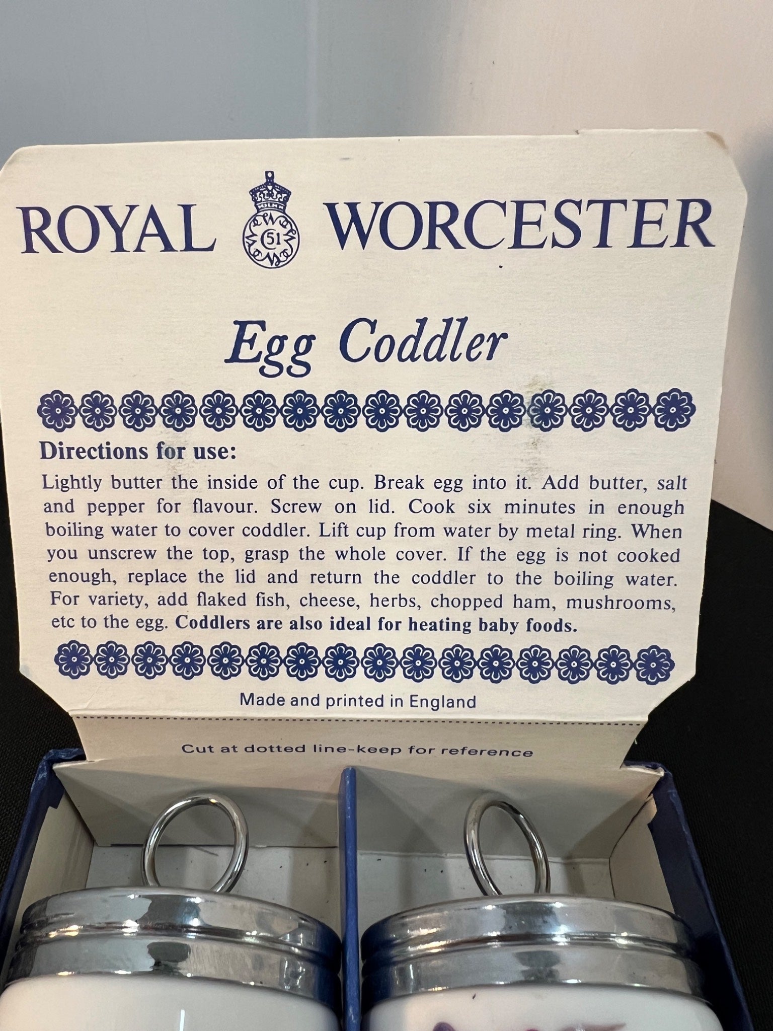 Royal Worcester Egg Coddlers with packaging and directions.