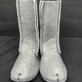 Pair of gray boots with white trim on a black background