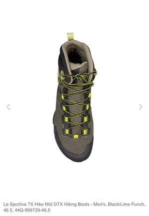 La Sportiva hiking boot with black and lime green color scheme on a white background