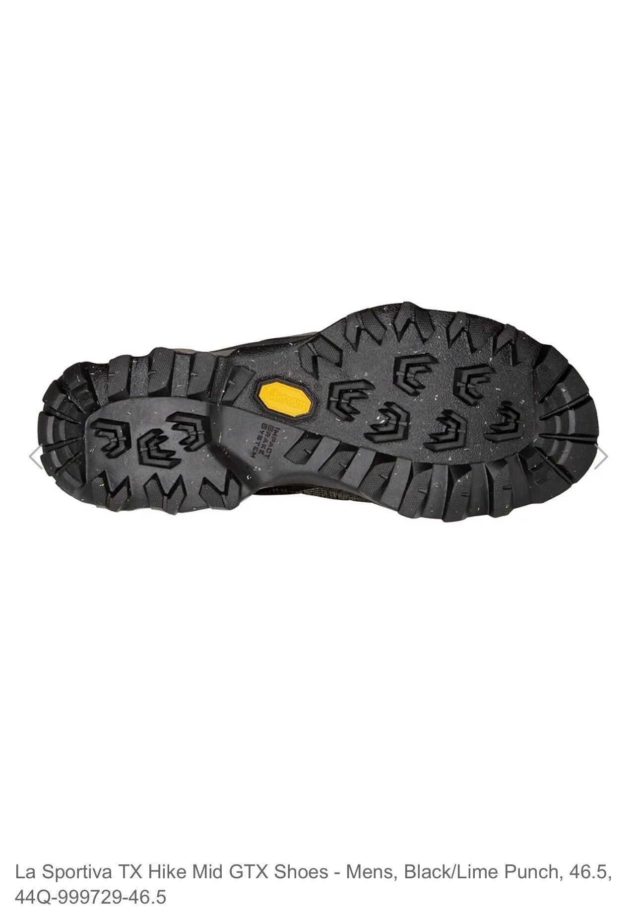 Black sole of a hiking shoe with tread pattern on a white background