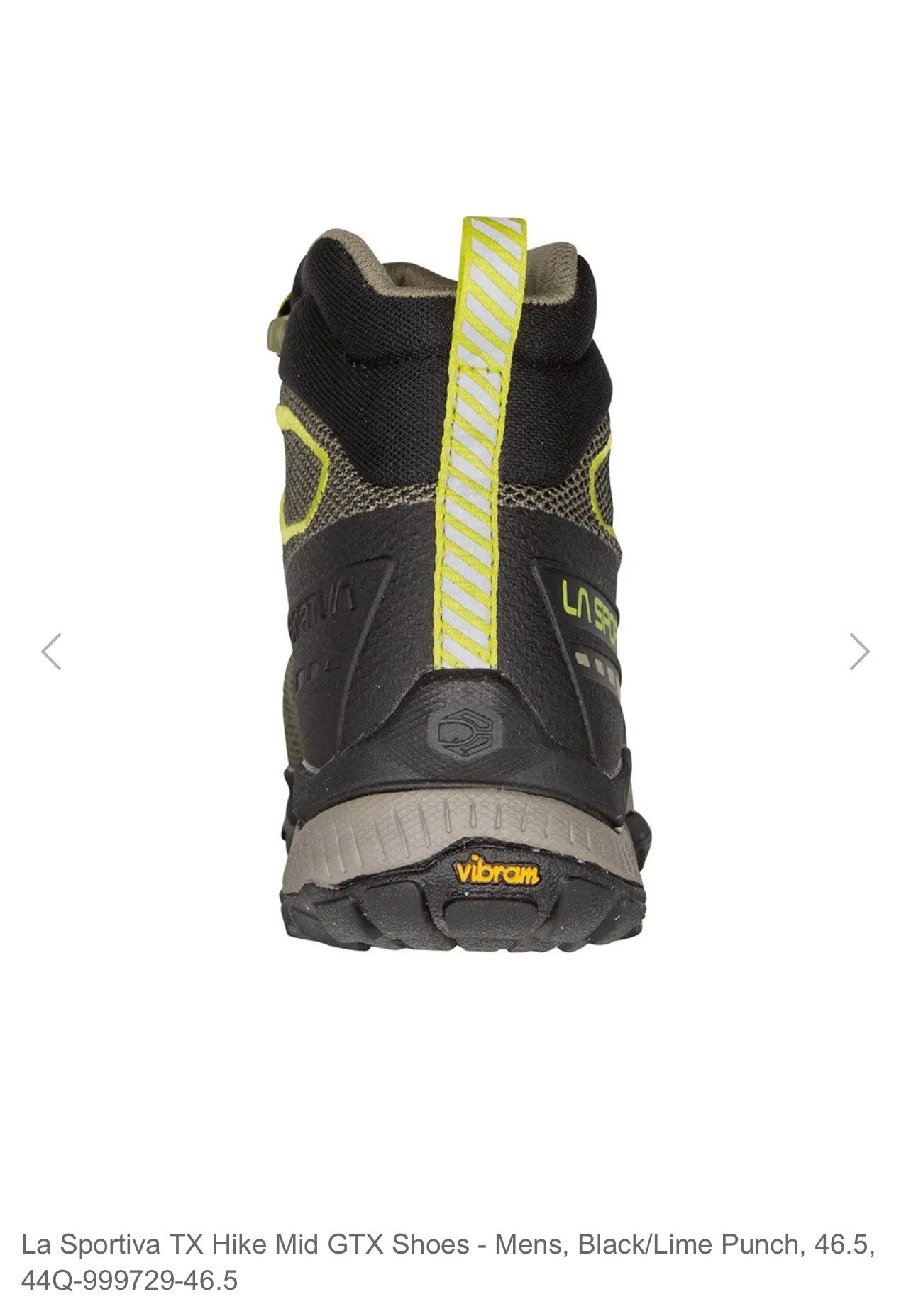 Black hiking boot with yellow accents on a white background