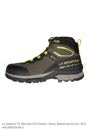 La Sportiva hiking shoe with black and lime green design on a white background