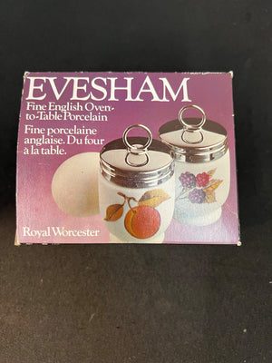 Evesham fine English porcelain canisters packaging with a black background