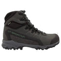 Gray hiking boot with black accents on a white background