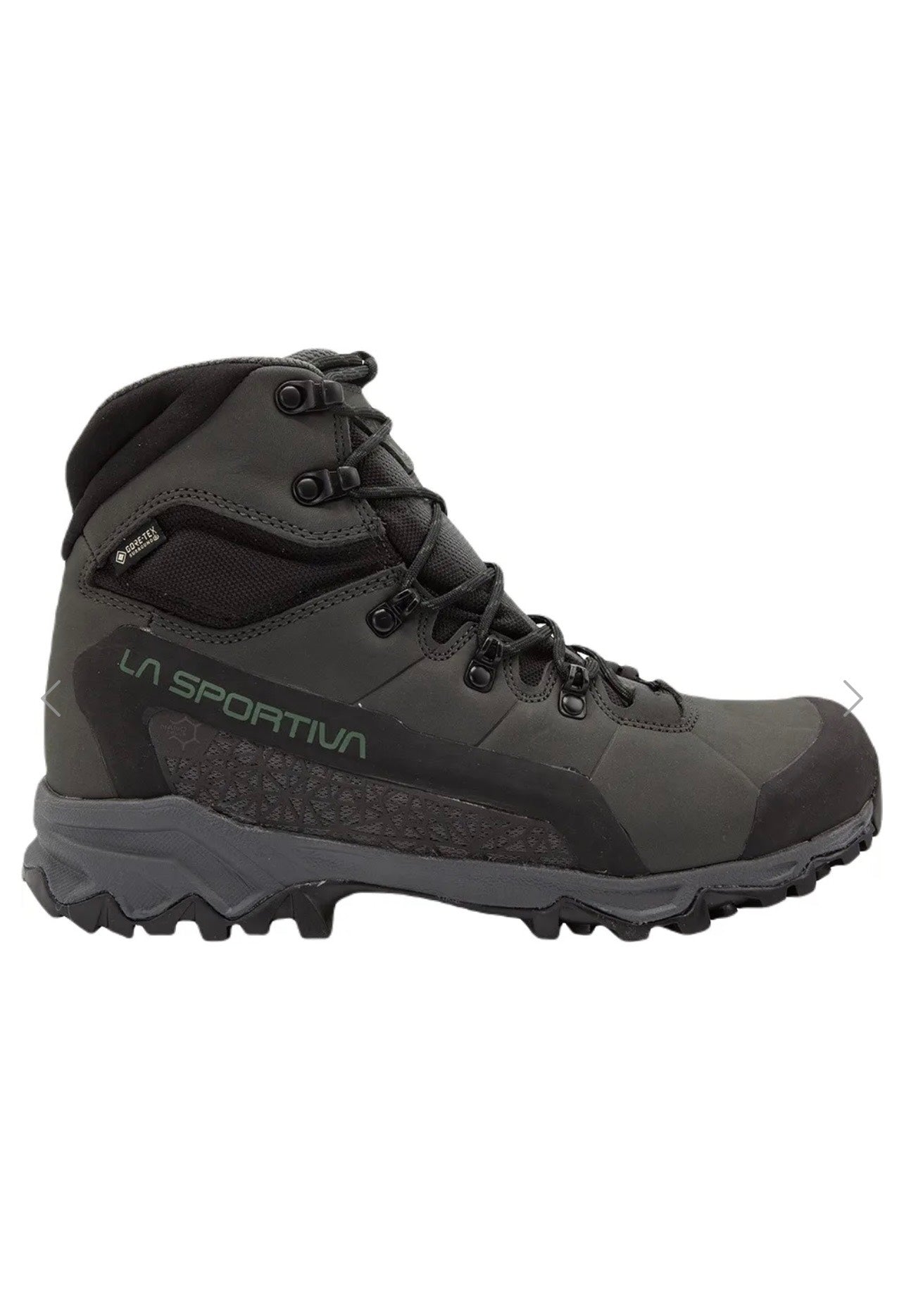 Gray hiking boot with black accents on a white background