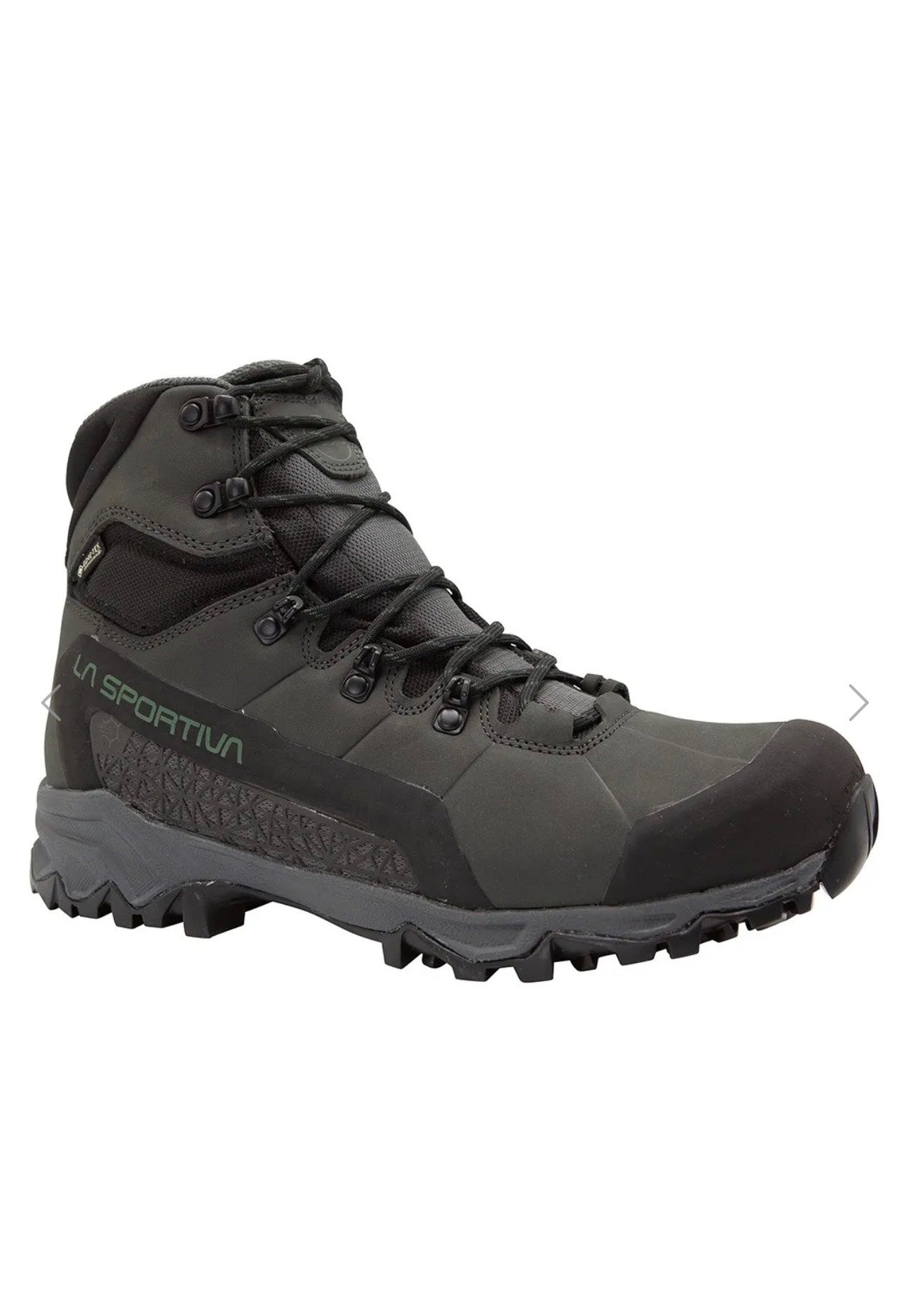 Gray hiking boot with black sole on a white background