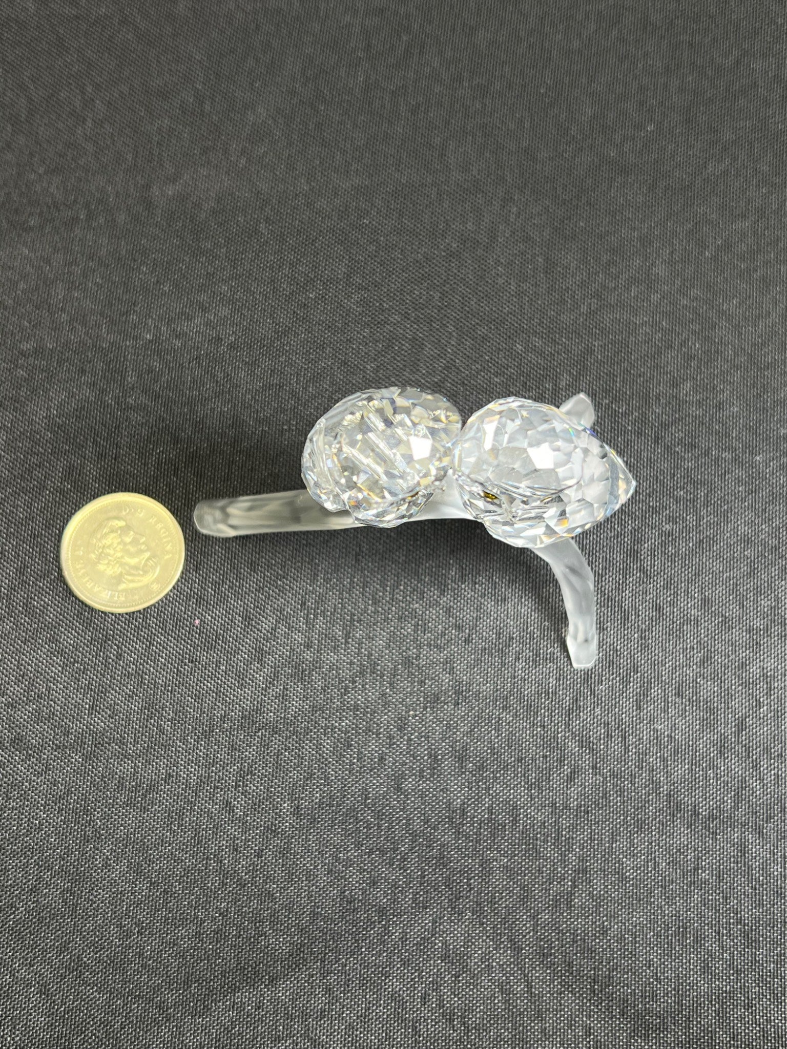 Crystal cat figurine next to a coin on a gray background