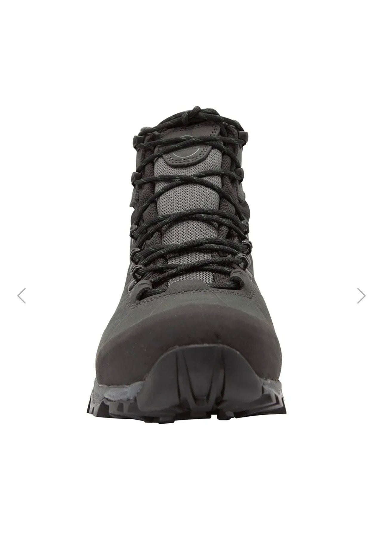 Gray hiking boot with black laces on a white background