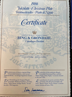 Bing & Grondahl Christmas plate certificate from 1986