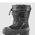 Black winter boot with multiple straps on a white background