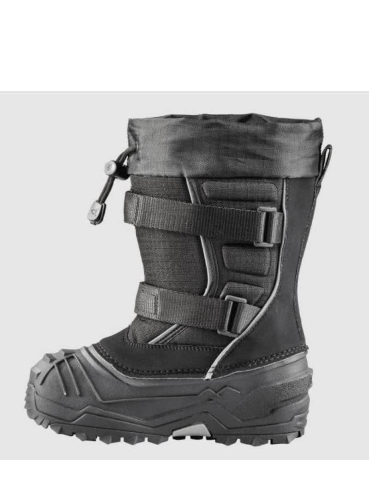 Black winter boot with multiple straps on a white background