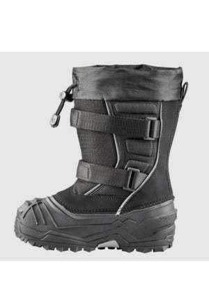 Black winter boot with multiple straps on a white background