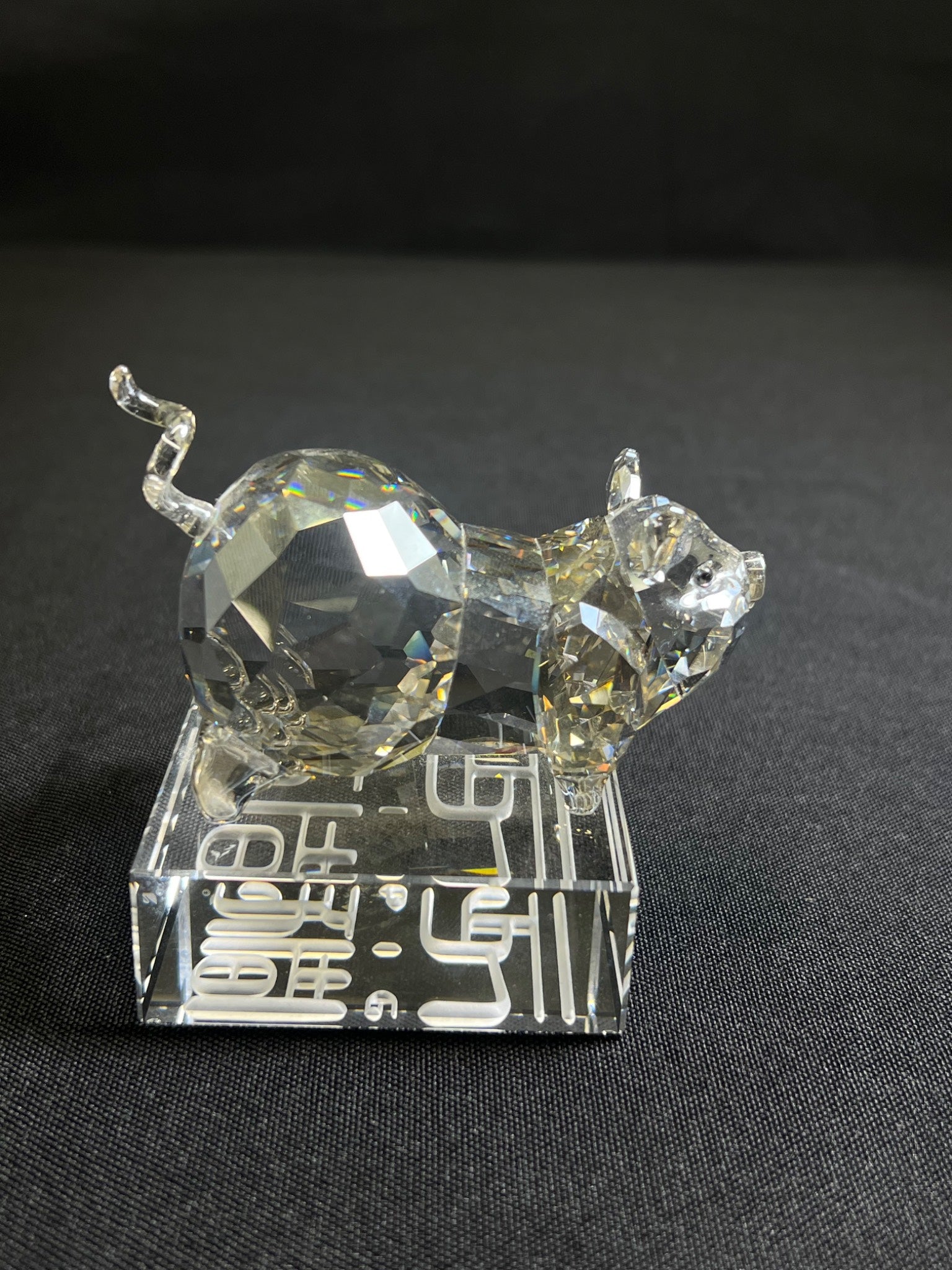 Crystal cat figurine on a black background