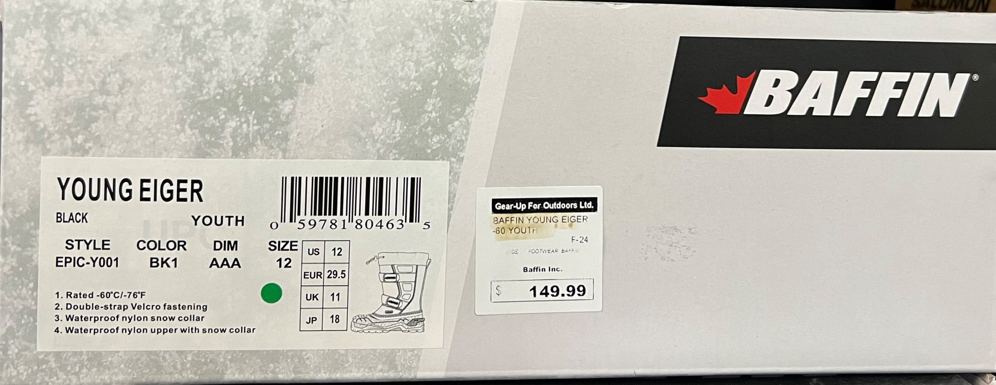 Baffin brand packaging with product label and price tag on a gray background